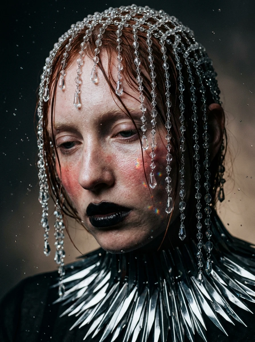 Cyber-Baroque Ethereal Portrait with Crystal Veil