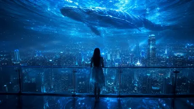 Moody Neon City with Sky Whale