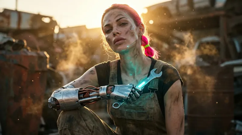 Cyborg Mechanic Portrait with Neon Rim Light