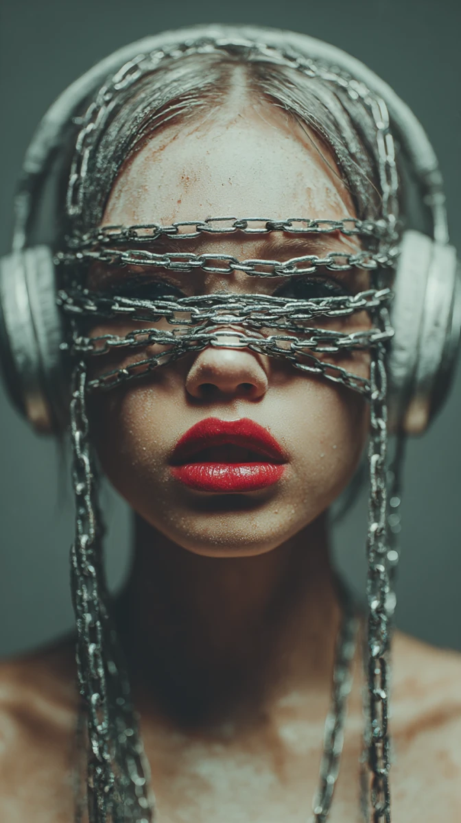 Grunge Fashion Portrait with Chains and Headphones