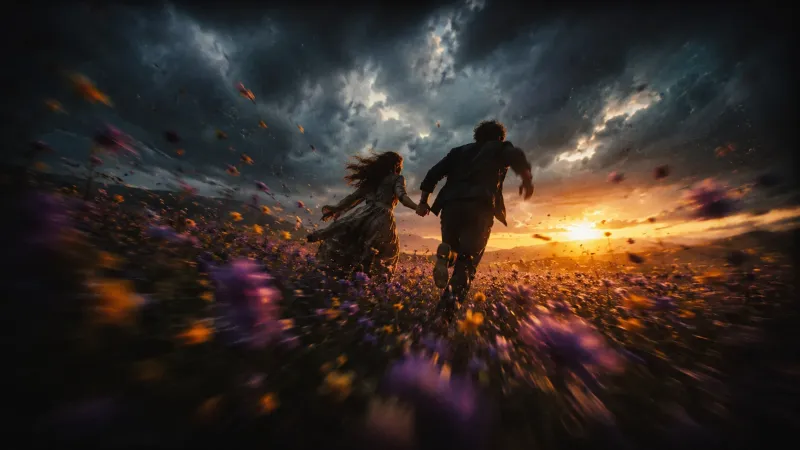 Desperate Run Through Flower Field at Twilight