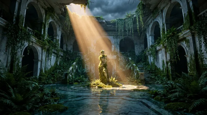 Flooded Neoclassical Ruins Cinematic Prompt
