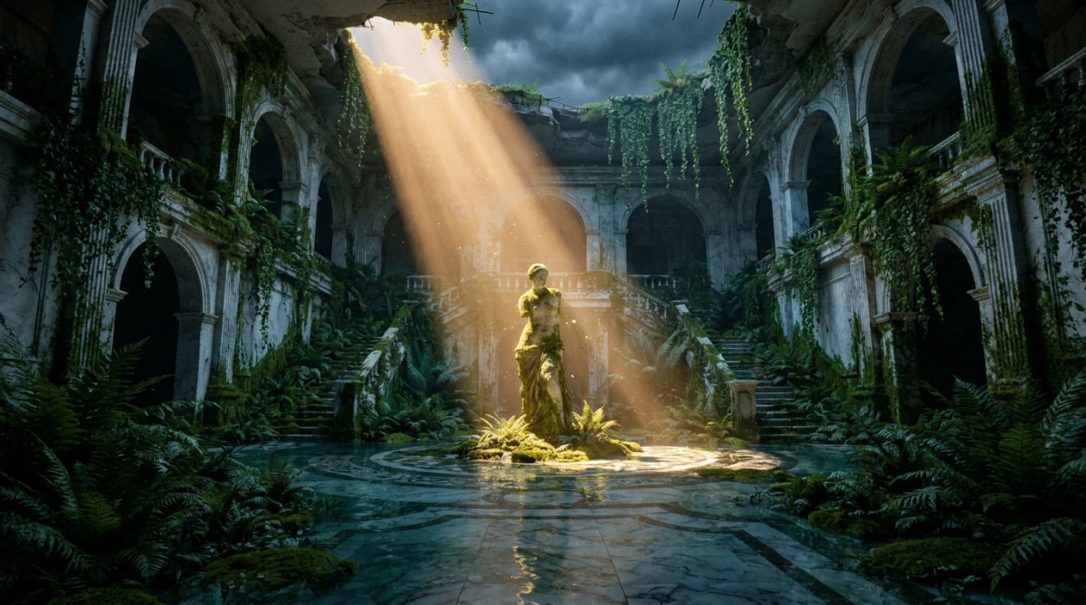 Flooded Neoclassical Ruins Cinematic Prompt