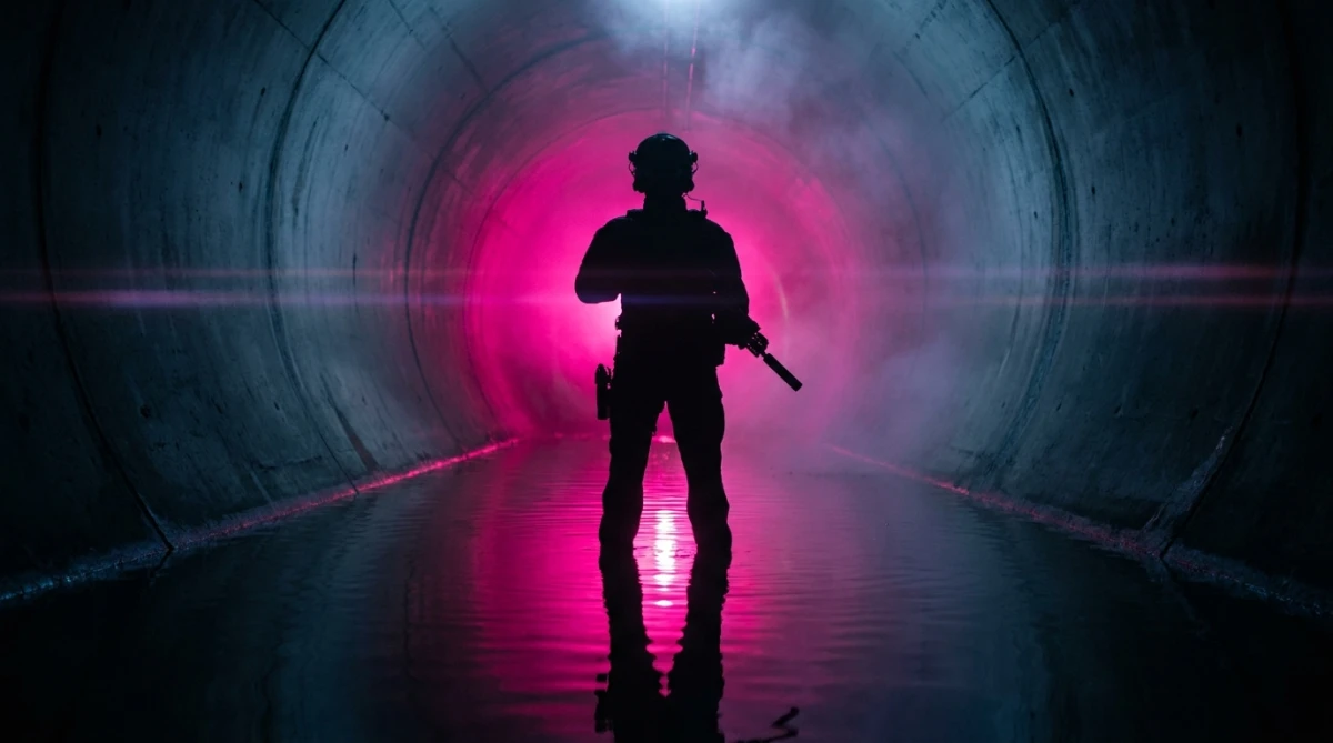 Tactical Operative Silhouette in Flooded Tunnel