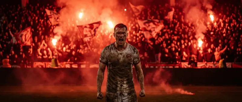 Victorious Football Player Roaring Under Pyrotechnic Flares