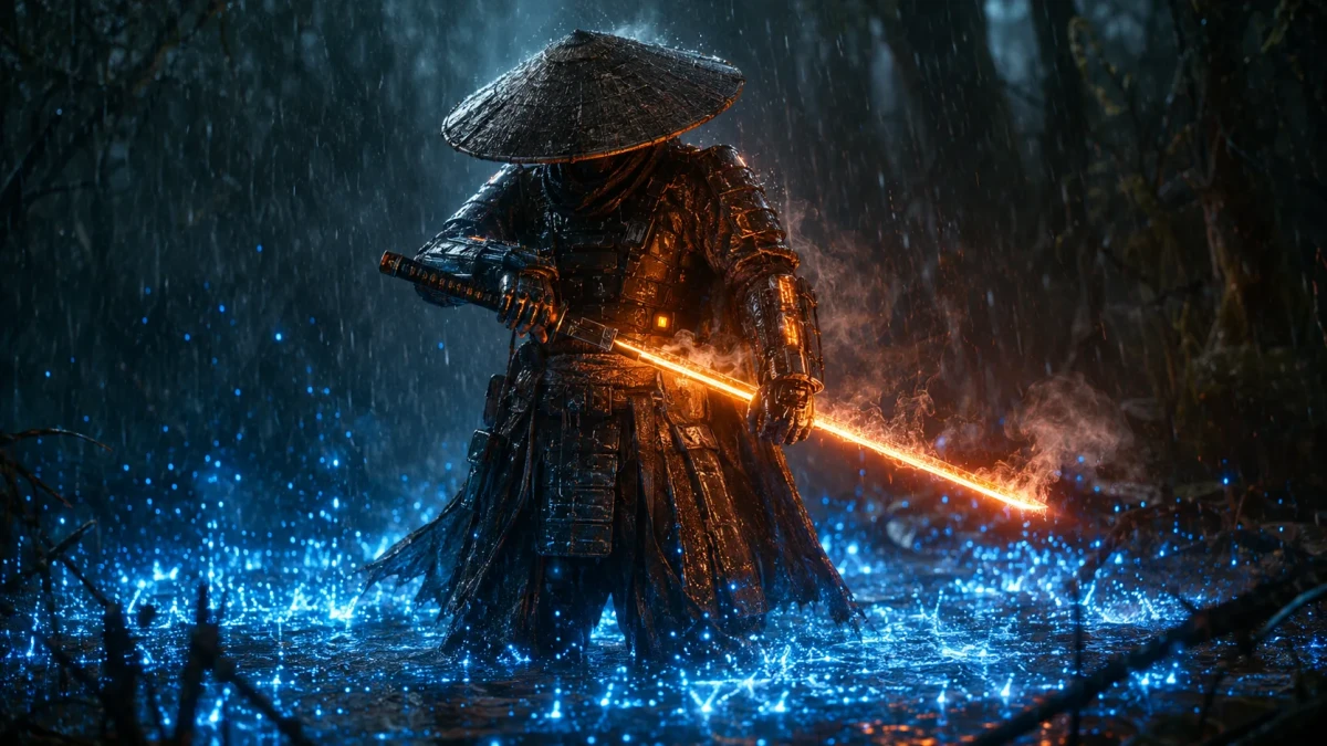 Bioluminescent Cyber-Ronin Rainstorm Prompt