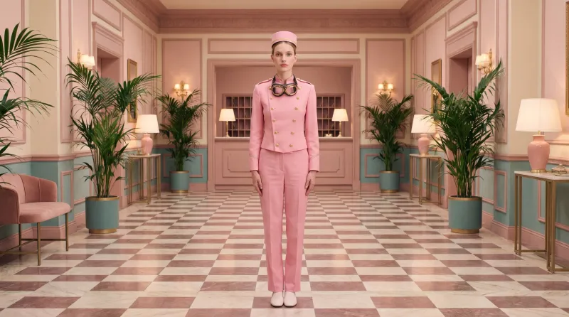 Wes Anderson Symmetrical Pink Bellhop Portrait