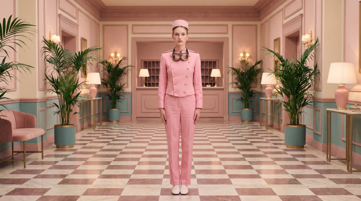 Wes Anderson Symmetrical Pink Bellhop Portrait