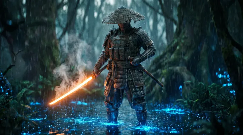 Cyber-Ronin with Plasma Sword in Bioluminescent Swamp