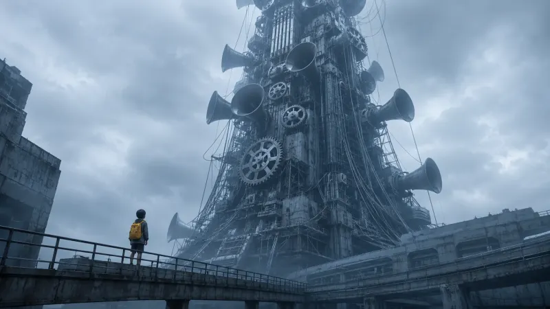 Colossal Mechanical Tower with Child – Cinematic Prompt