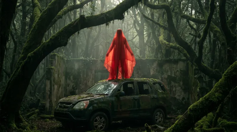 Haunting Red Figure on Abandoned SUV in Forest