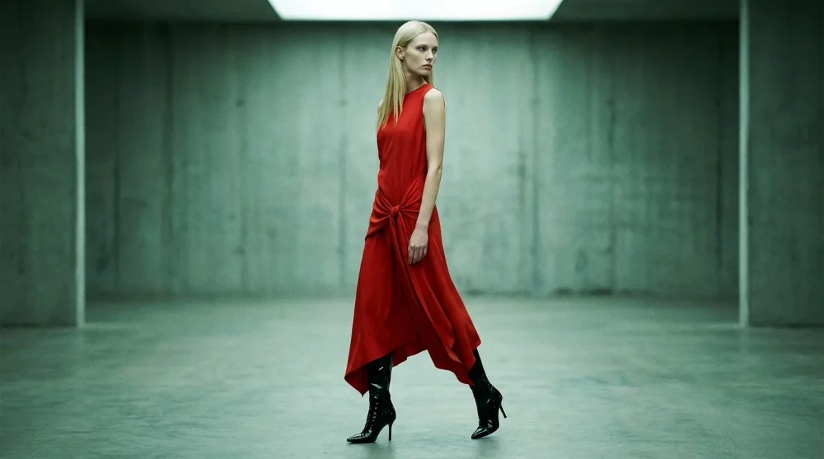 Moody Minimalist Fashion Portrait with Red Dress