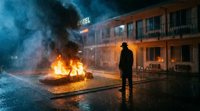 Cinematic Neo-Noir Motel Fire Prompt
