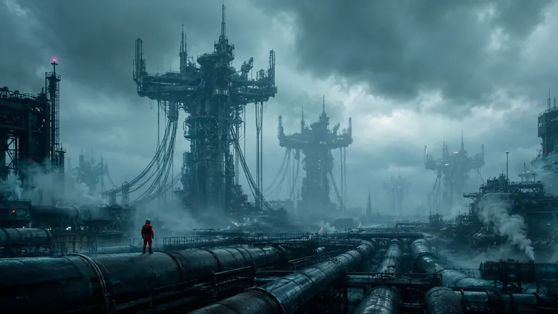 Colossal Mechanical Towers in Dystopian Scene