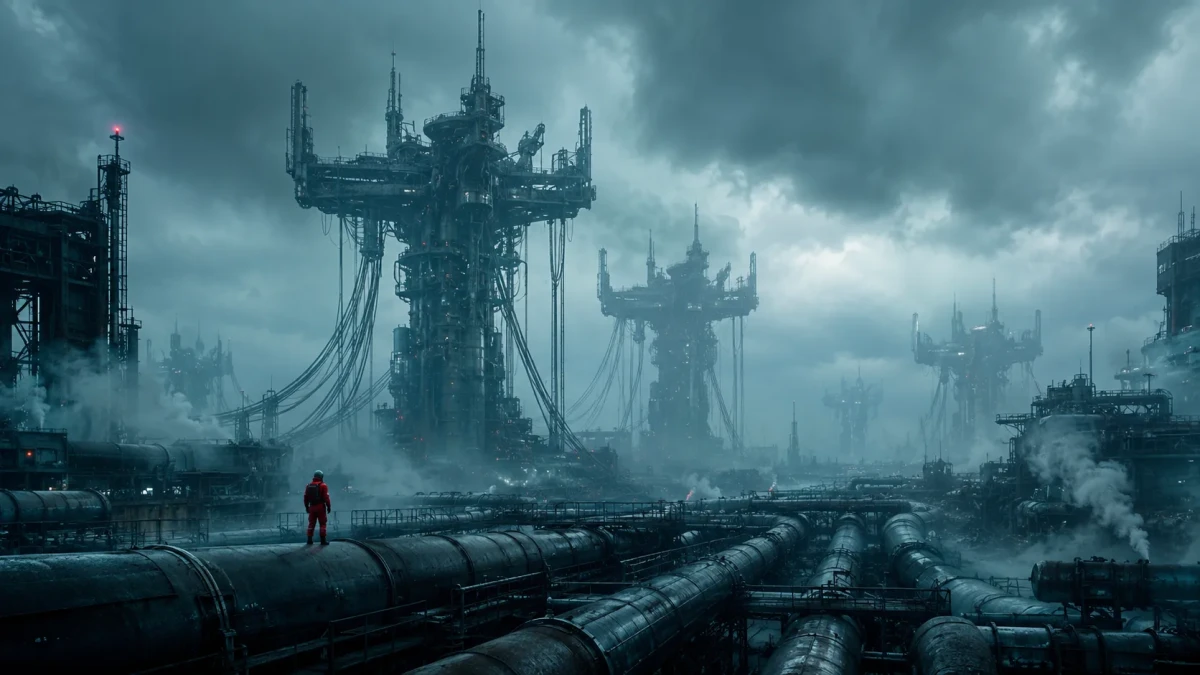 Colossal Mechanical Towers in Dystopian Scene