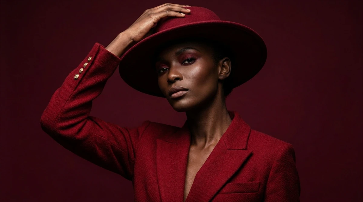 Cinematic Red Fashion Portrait with Hat