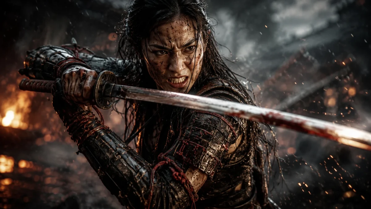 Fierce Female Samurai in Gritty Battle Scene