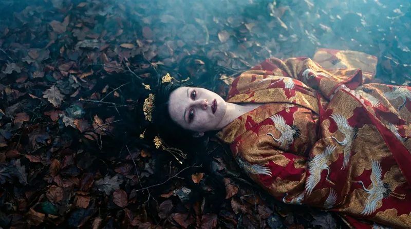 Cinematic Gothic Portrait on Autumn Leaves
