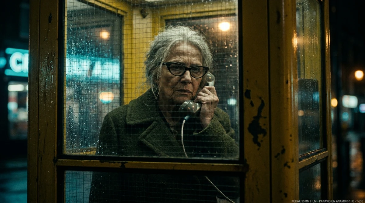Rain-Swept Neo-Noir Phone Booth Portrait